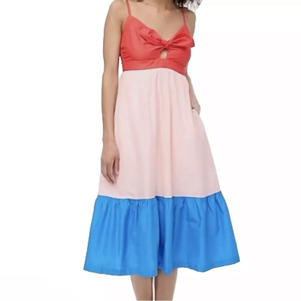 J. Crew Factory Color Block Tie Front Cutout Midi Dress Woman Size 0 XS $150